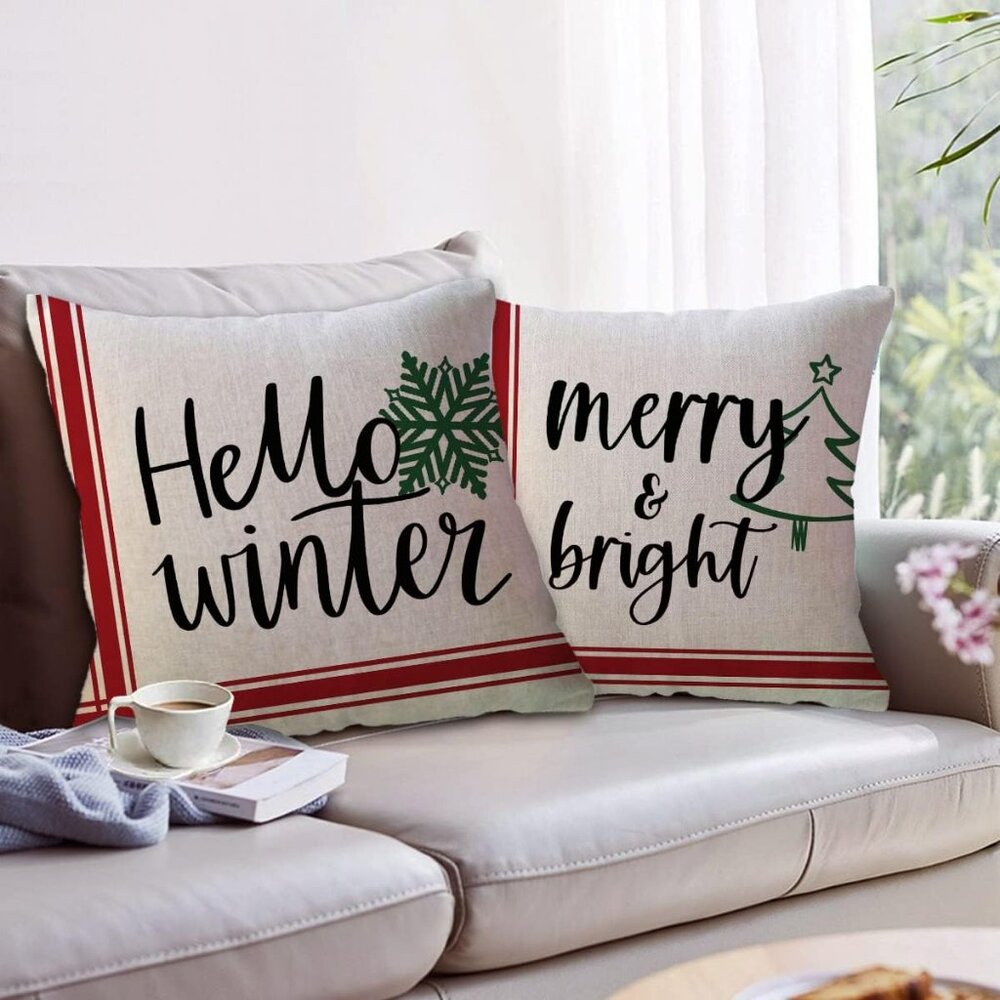 2Pack Hello Winter Throw Pillow Covers 18x18 Inches Xmas Tree/Snowflake